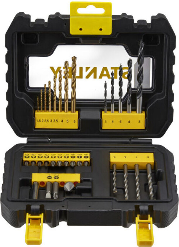 Stanley STA88550 bor og bitssett Bor/bitssett 31 deler STA88550 med magnetiskt bitsholder og forsenker for tre, metall og mur.