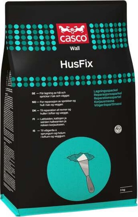 Bilde av Casco Husfix reparasjonssparkel En pulverbasert sparkelmasse for vegger, tak, grunnmurer og annet. Kan brukes både inne og ute.