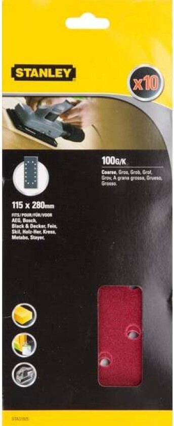 Stanley STA31020 Slipepapir Slipepapir 1/2ark 115x280mm,14 hull, 100 korning, 10stk STA31020 for tre, malte flater og metall.