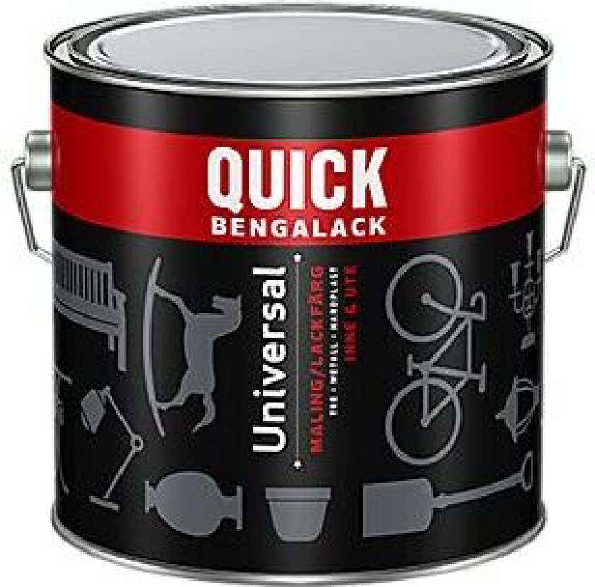 Quick Bengalack Universal blank maling Gir en flott og blank overflate. Tåler tøff bruk både ute og inne. Anbefalt forbruk pr. strøk: 10-12 m²/liter.