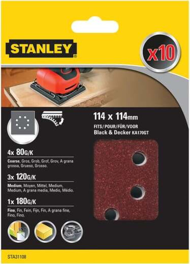 Stanley STA31108 Slipepapir Slipepapir 1/4ark 114X114mm assortert, perforert, 10 stk STA31131 til tre, malte/lakkede flater