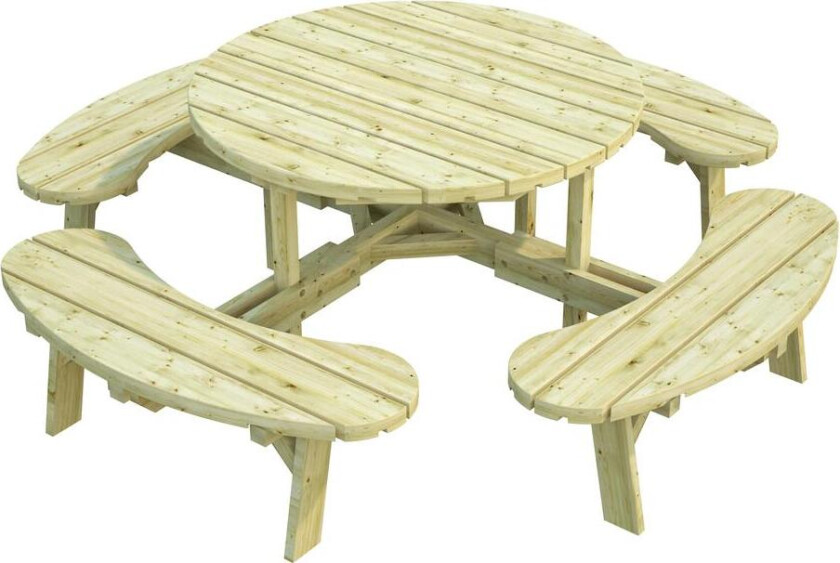 Palmako Oscar benksett Rundt robust benksett med 4 sittebenker som har plass 8-12 personer. Totalt mål på settet: Ø 231 cm.