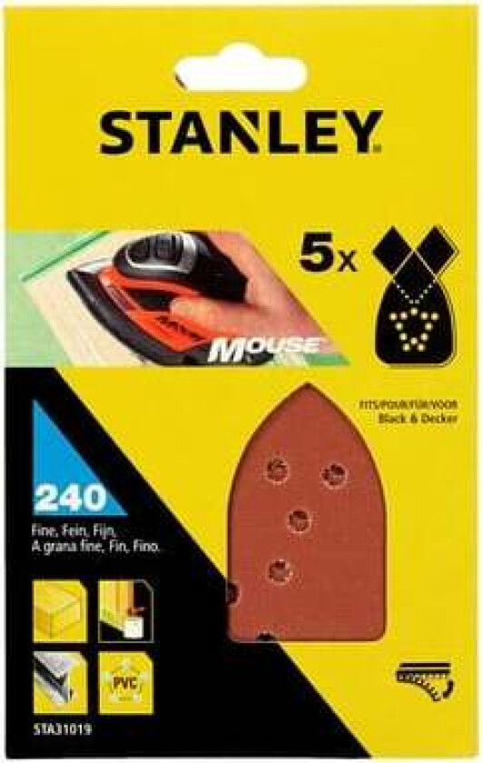 Stanley STA31019 Mouse slipepapir Slipepapir til Mouse BLACK+DECKER 240 korning STA31019, til tre, metall og pvc. For den perfekte finish. Bruk mellom maling/lakkstrøkene