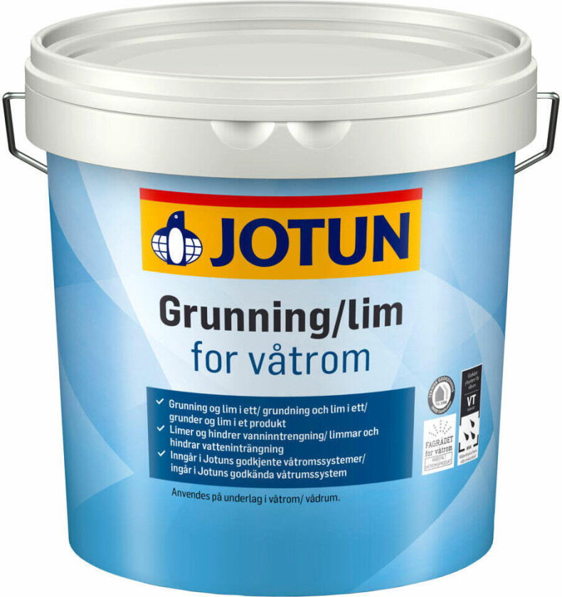 Jotun grunning/lim for våtrom En vanntynnet spesialgrunning og lim i ett som egner seg for glassfiberstrie, cellulose og vinyltapeter i våtrom. Limer og hindrer vanninntrengning.