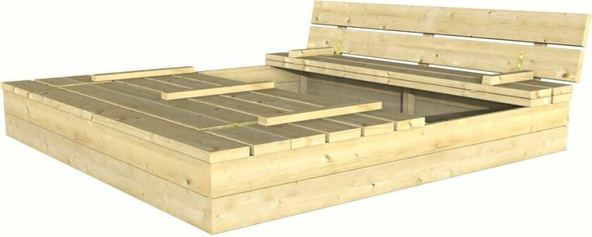 Palmako Sandy 16 sandkasse m/lokk Sandkasse på 160x160 cm med hengslede lokk som gjøres om til sittebenker når de er oppslått.