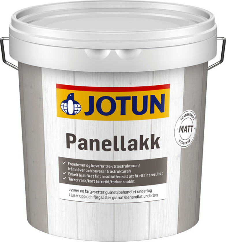 Jotun panellakk Lysner og fargesetter gulnet/behandlet treverk. Anbefalt forbruk pr. strøk: 10-12 m²/liter (glatte underlag).