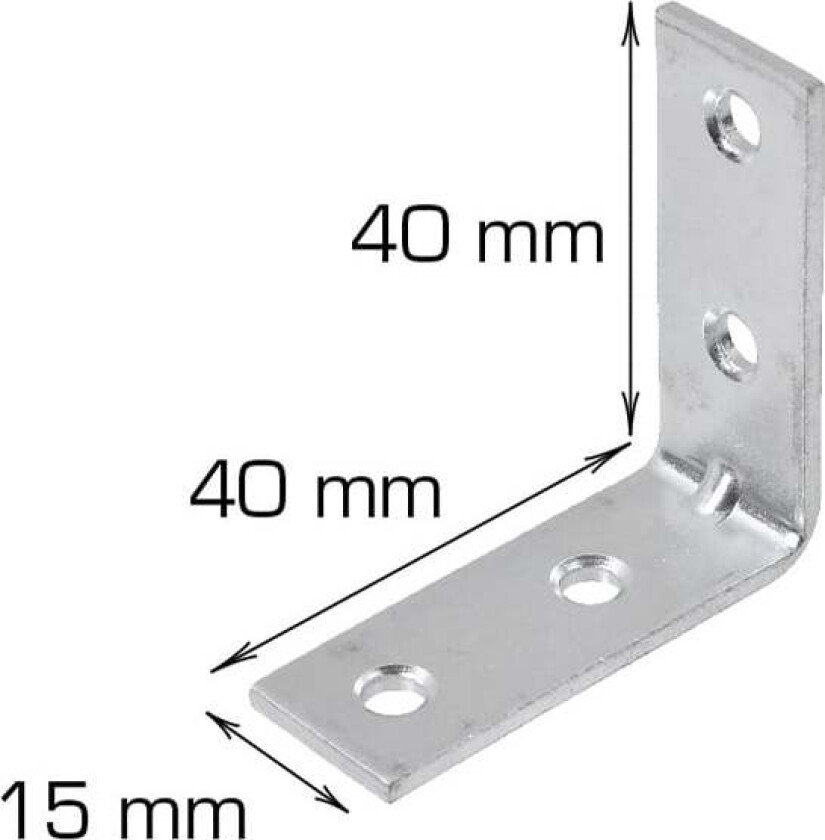 Bilde av Vinkelbeslag 40mm Vinkelbeslag Mål: L40 x H40 x B15 mm. 2 stk. per pose. Inkl. skruer. Materiale: Elforsinket.