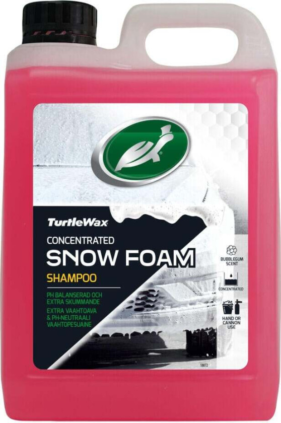 Turtle Wax Snow Foam bilshampo Et tykt skum som fjerner trafikkfilm fra bilens overflate. Legger også igjen en beskyttende barriere mot fremtidig smuss.