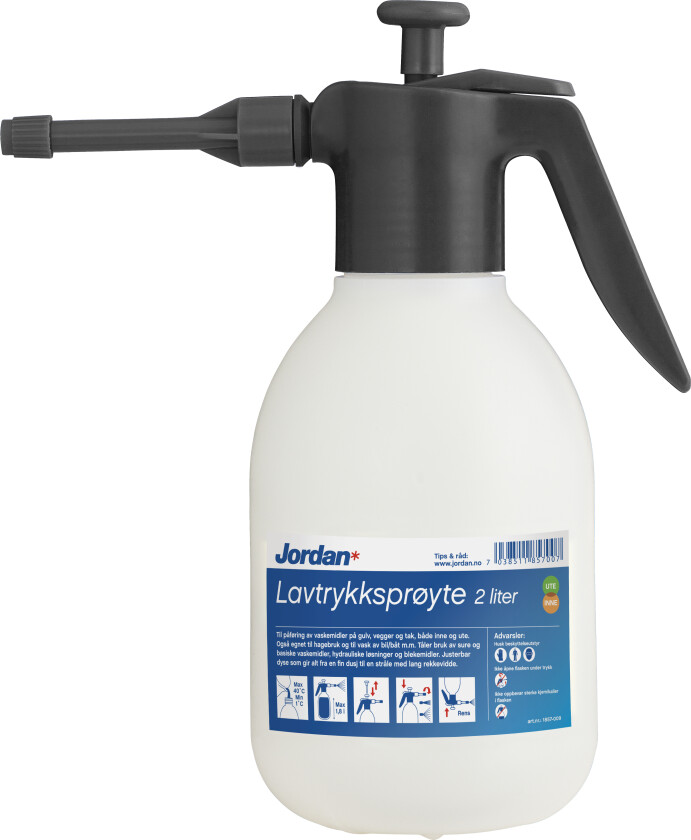 Jordan lavtrykksprøyte 2 liter Til påføring av vaskemiddel på gulv, vegg og tak, inne og ute. Justerbar dyse som gir alt fra en fin dusj til en stråle med lang rekkevidde.