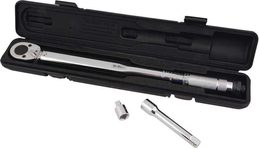 Rawlink 1/2" momentnøkkel Leveres med forlenger 120 mm, og adapter 3/8". Leveres med en solid plastkoffert.