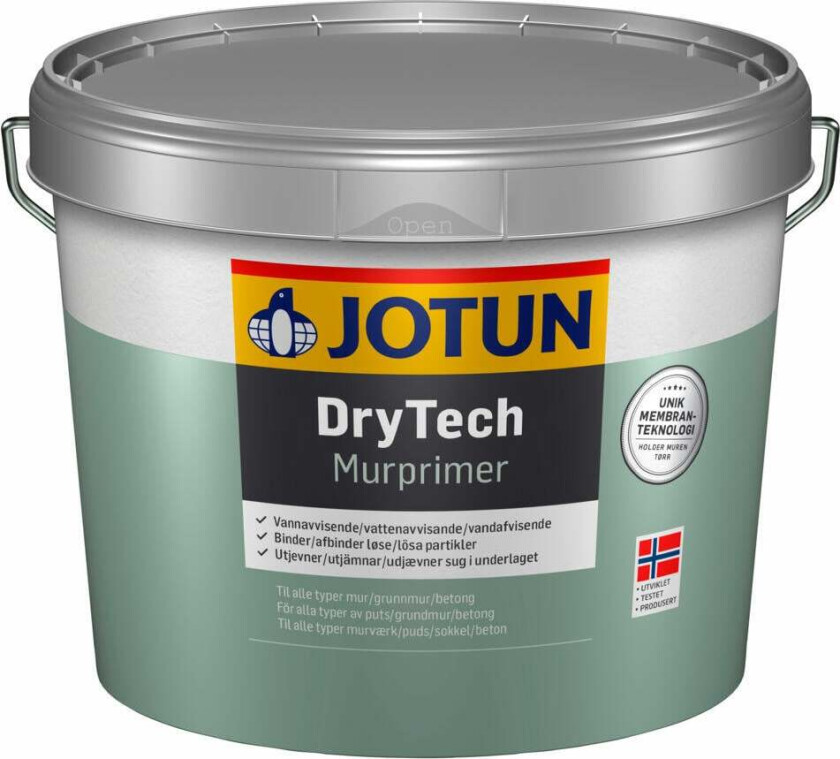 Jotun Drytech murprimer Grunning – sikrer komplett mursystem. Til alle typer mur/grunnmur/betong. Anbefalt forbruk pr. strøk: 4-8 m²/liter (glatte underlag).