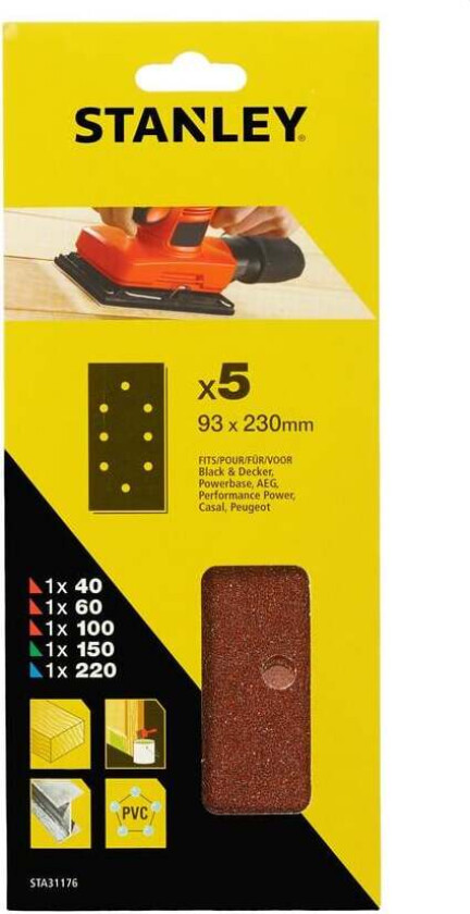 StanleySTA31176 Slipepapir Slipepapir 1/3ark 93X230MM med 8 hull 40/60/100/150/220 korning STA31176 til tre,pvc og malte flater