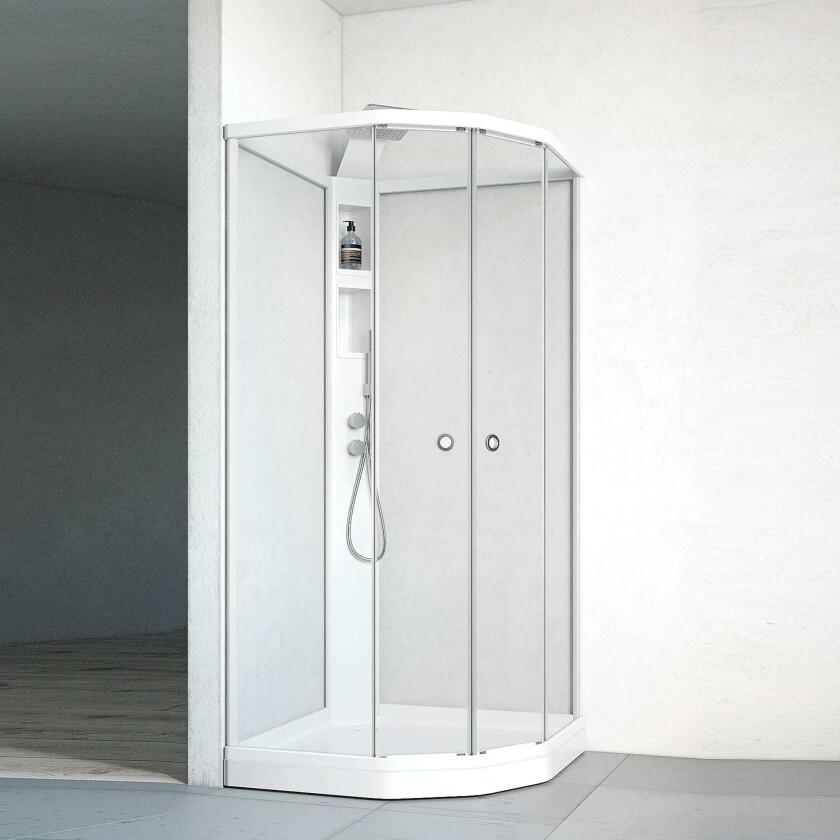 Flow Semi Dusjkabinett Innfelt Blandebatteri - med Klarglass Frontvegg Hvit / 81x91cm Klart Glass