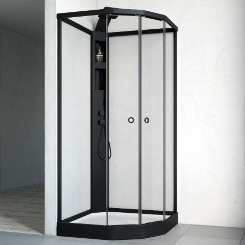 Flow Semi Dusjkabinett Innfelt Blandebatteri Svart - med Klarglass Frontvegg / 81x91cm Klart Glass