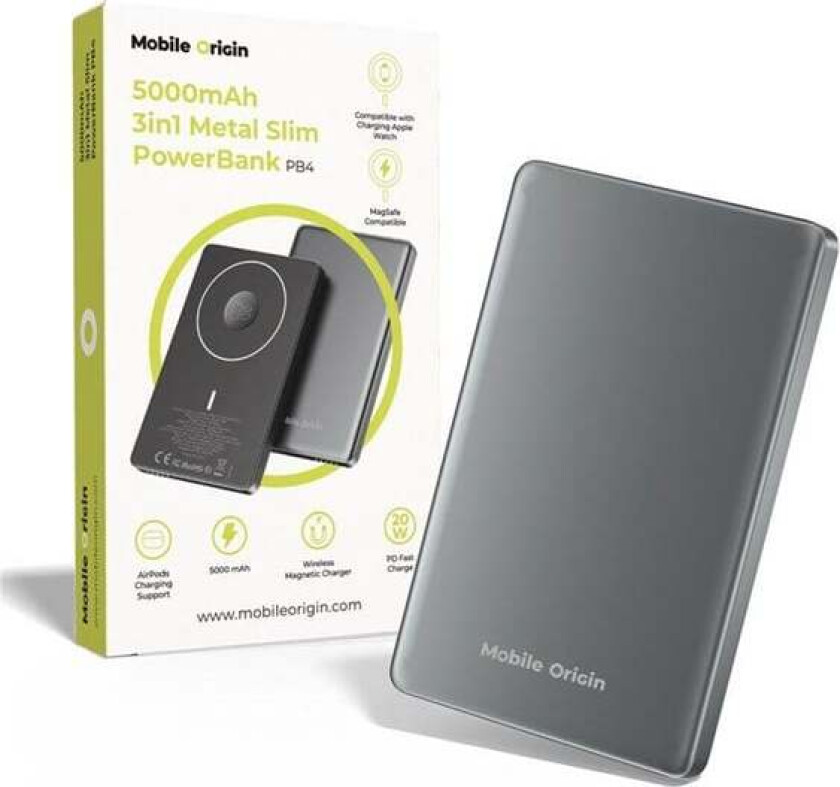5000mAh 3in1 Metal Slim PowerBank PB4 Nødlader - Grey - 5000 mAh