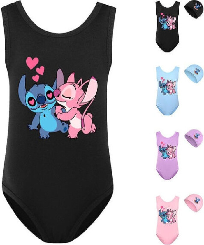 Lilo & Stitch badedrakt for barn jenter tegneserie badedrakt med lue for sommer strandferie basseng surfing svart 11-12 år