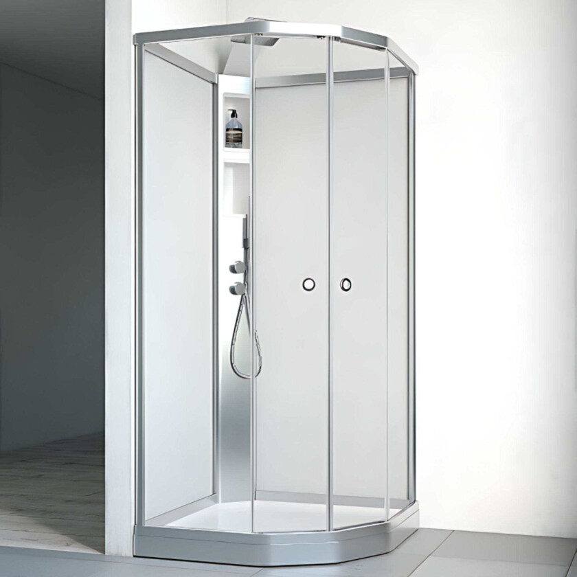 Flow Semi Dusjkabinett Innfelt Blandebatteri - med Klarglass Frontvegg Matt / 91x81cm Hvit
