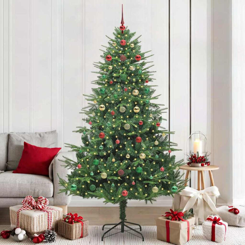 Kunstig forhåndsbelyst juletre med kule-sett grønn 210 cm