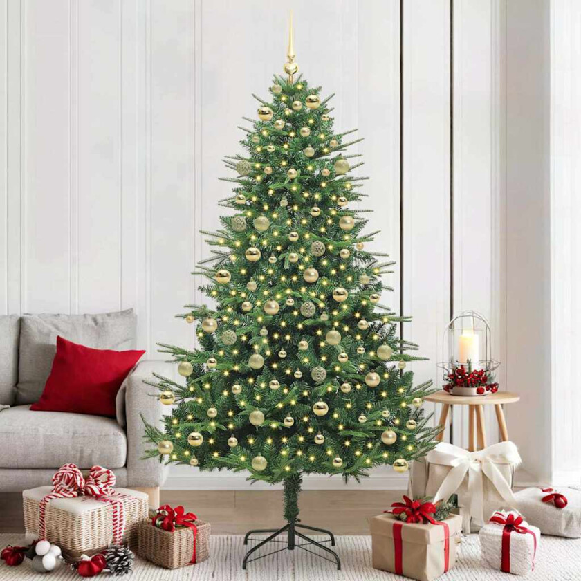 Kunstig forhåndsbelyst juletre med kule-sett grønn 210 cm