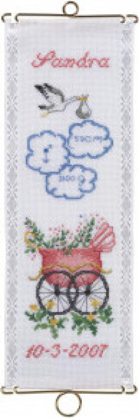 Broderisett Aida Klokkestreng Fødselstavle Sandra 12x35cm