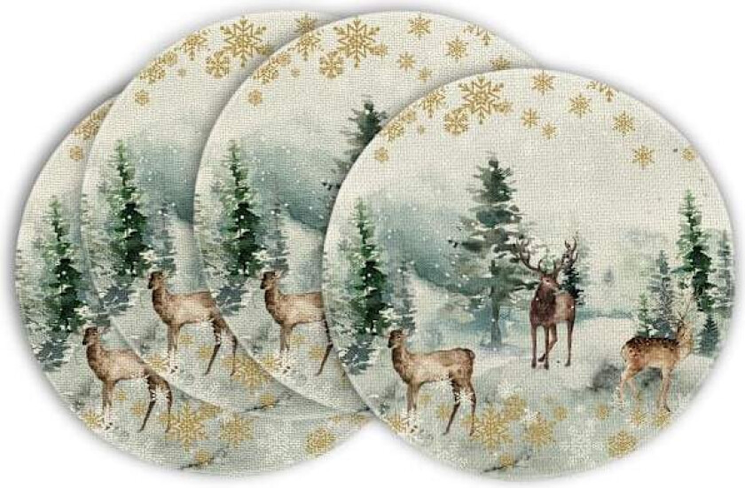 Sett med 4 runde spisebrikker, akvarell juletre reinsdyr, 38cm vinter jule spisebrikke vaskbare bordmatter kjøkken festdekorasjon