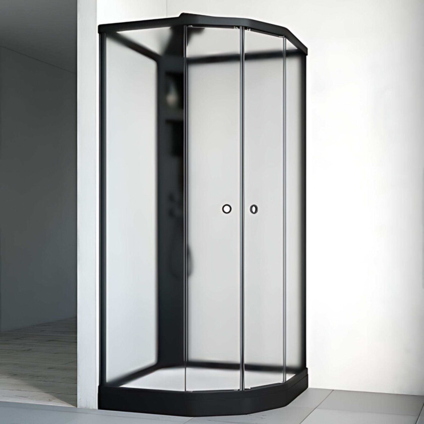 Flow Semi Dusjkabinett Innfelt Blandebatteri Svart - med Ice Glass Frontvegg / 91x71cm Hvit