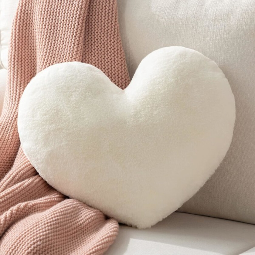 Off White Hjerteformet Pledd Puter, Kunstig Pels Kanin 3D Fluffy Hjerte Pledd Dekorativ, Plysj Myk Pledd Puter Gave til Barn Stue og Sofa