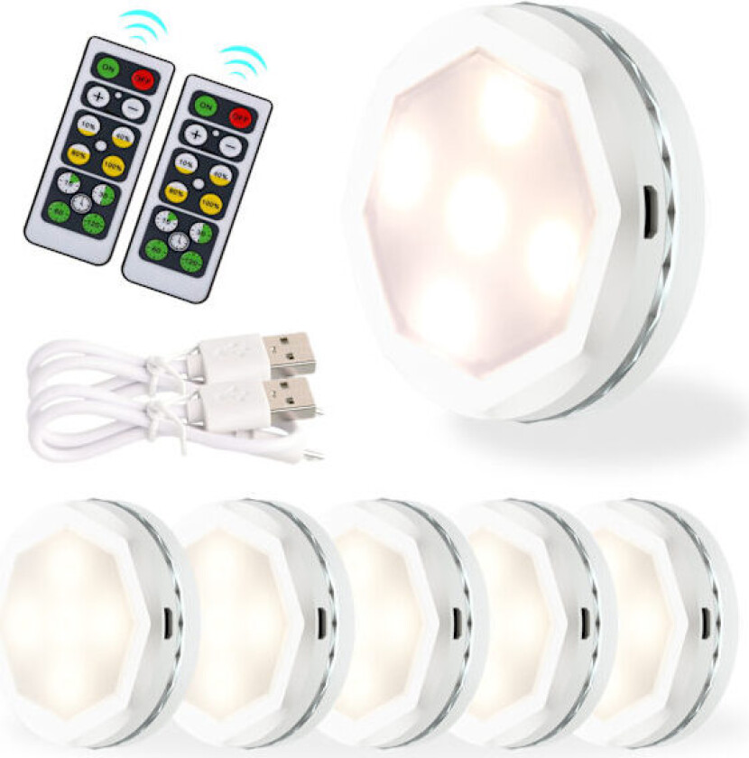USB Oppladbar Skaplampe, 6 stk LED Nattlampe med Berøringskontroll for Lysstyrke, Veggmontert LED-spotlight med 2 Trådløse Fjernkontroller, Natt