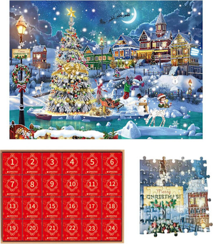 Adventskalender Puslespill 2025 Jul Puslespill 1008 Brikker, Jul Snø Natt 24 Dager Jul Nedtellingskalender Puslespill for Voksne