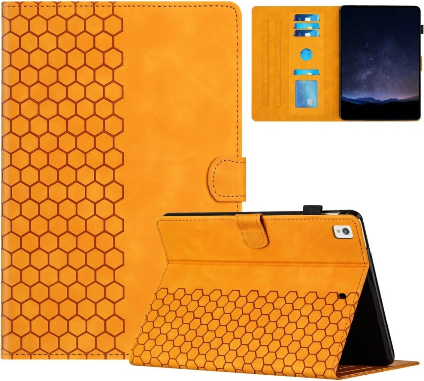 Samsung Galaxy Tab A7 Lite 8,7-tommers T220 / T225-etui Honeycomb-trykt lærdeksel til nettbrett med kortspor - Gul