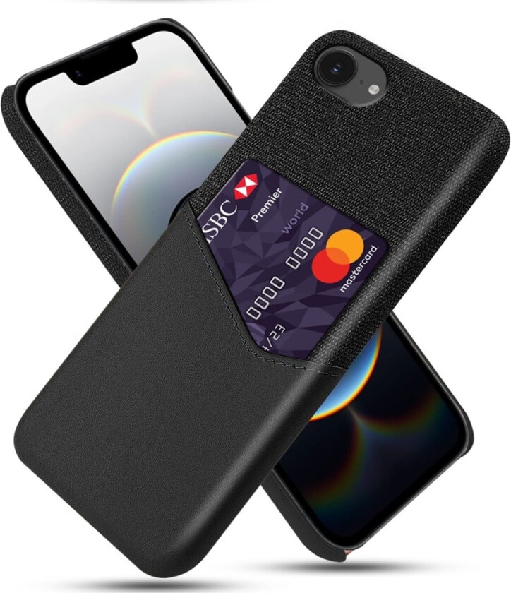 iPhone 16e-etui Vegansk lærdeksel med hard PC-telefondeksel med kortholder - Svart