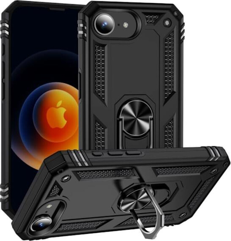 iPhone 16e Hybrid Deksel Med Fingerring & Metallplate - Svart