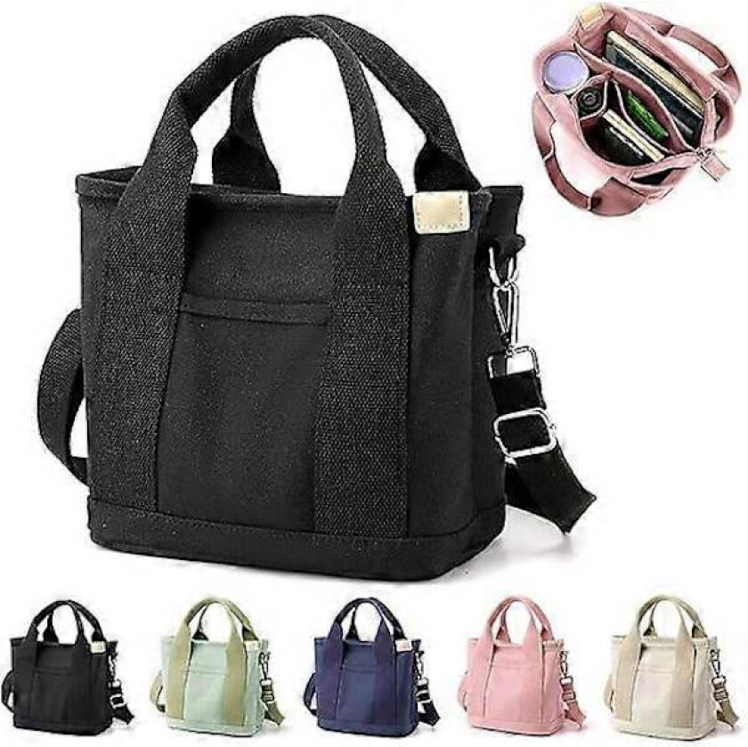 Flerlommet Tote Bag med Glidelås, Håndlaget Canvas Håndveske med Rom, Multifunksjonell Satchel Bag for Kvinner Damer Universitet Skole Arbeid Reise