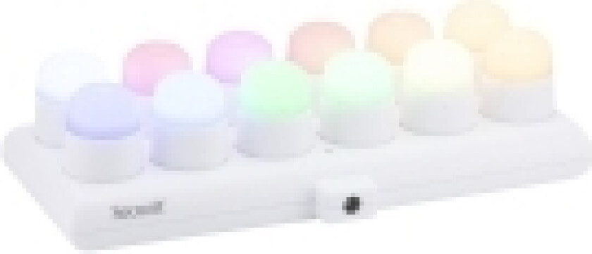 ® Sæt 12 stk. AYLA glasstager, 12 stk. LED fyrfadslys og ladestation, hvid+12 farver