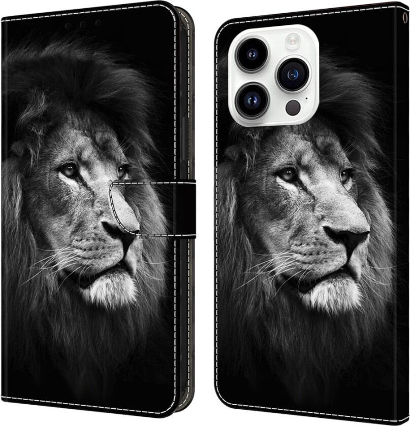 iPhone 16 Pro lommebokveske med mønstermønster som trykker på stativ, flip-telefondeksel i lær - Løve