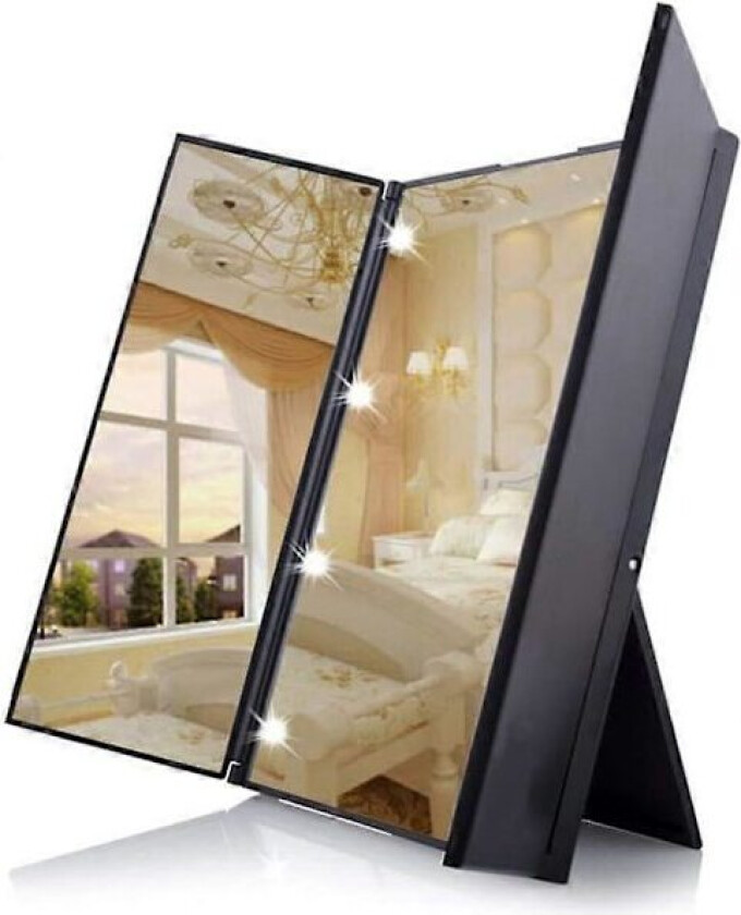 Unikt Tri-Fold Kosmetisk Sminkespeil Reisekompakt Lomme Sminkespeil med 8 LED-lys Batteri Inkludert - Svart