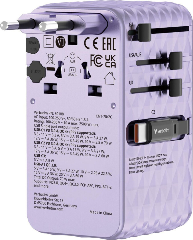 Charge 'n' Travel 70W 2C retractable Universal Travel Adapter Purple