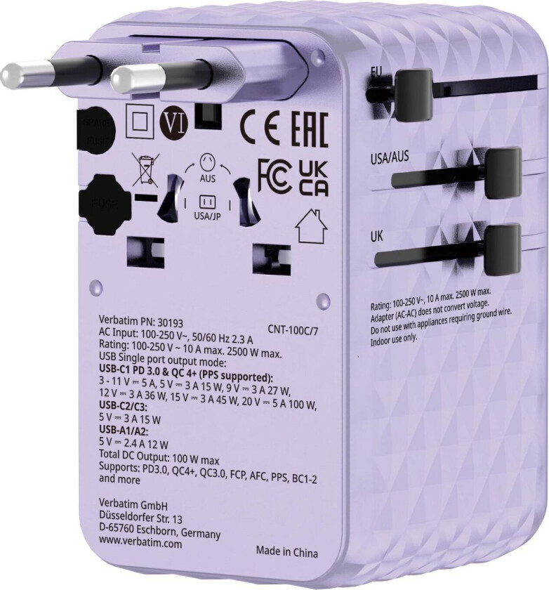 Charge 'n' Travel 100W Universal Travel Adapter with retractable cable Purple