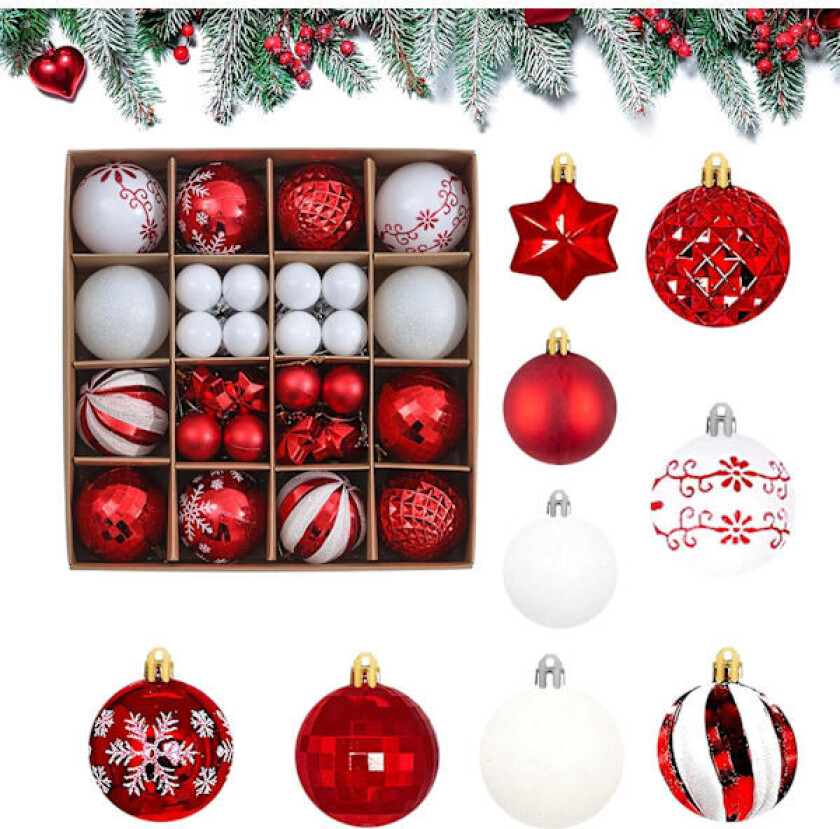 44 stk. Julekule Plast Julepynt For Hjemmefestival Dekorasjoner Juletrepynt (Rød og hvit)
