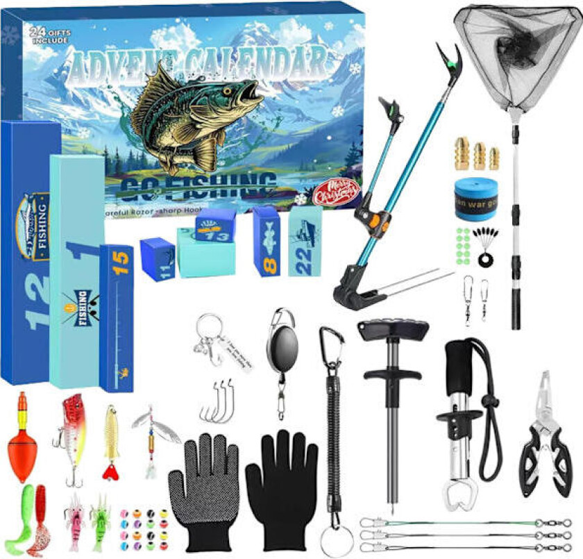Fiskeadventskalender for menn 2025, 24-dagers fiskeutstyr og agnsett for voksne og tenåringer, fiskenett, krokfjerner