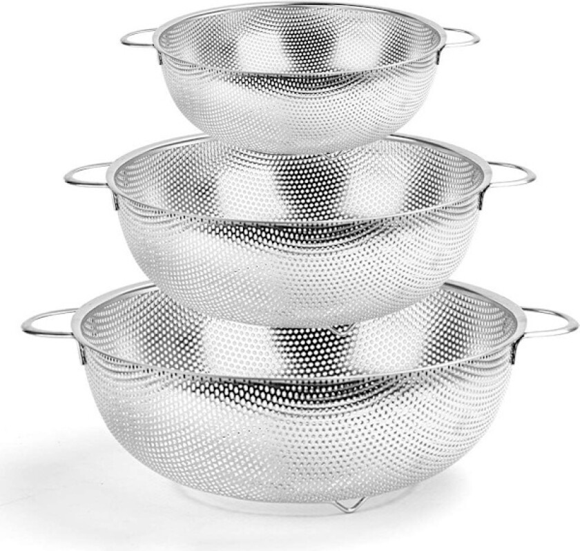 Dørslagsett med 3, Dørslag i rustfritt stål med håndtak, Metall sil Perforert sil for kjøkken Pasta/Frukt - Tåler oppvaskmaskin - (16/22/28 cm)