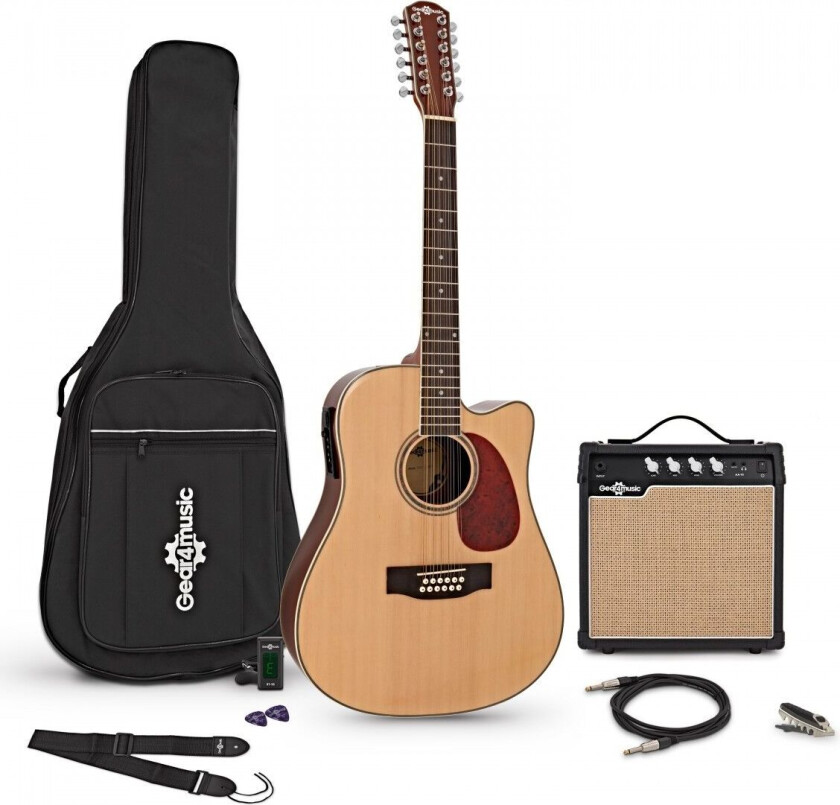 Gear4Music Dreadnought 12 strengers elektroakustisk Gitar Naturlig + Forsterkerpakke