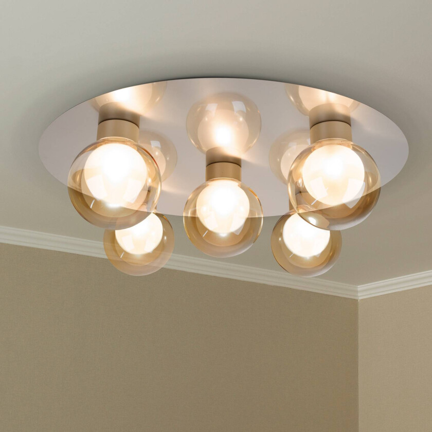 Taklampe Donika, 5 lyskilder rund, glass, stål, ravfarget, G9