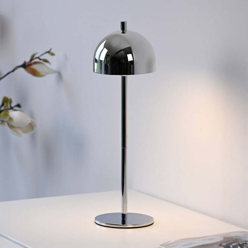 LED-batteridrevet bordlampe Bellies, krom, IP54