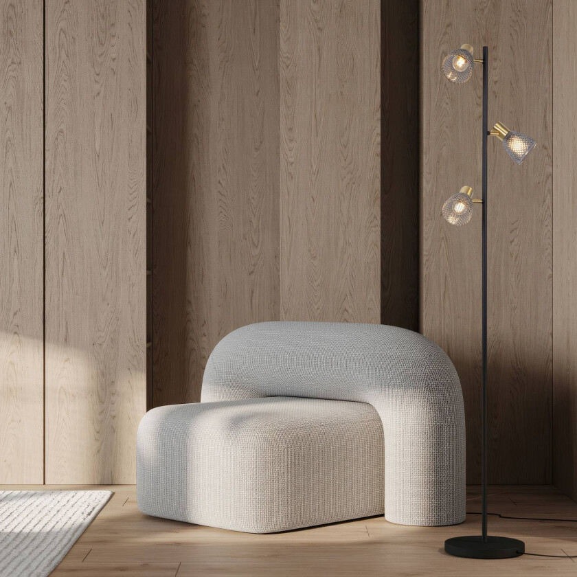 Gulvlampe Lindita, 3 lyskilder, glass, jern, røykgrå, E14