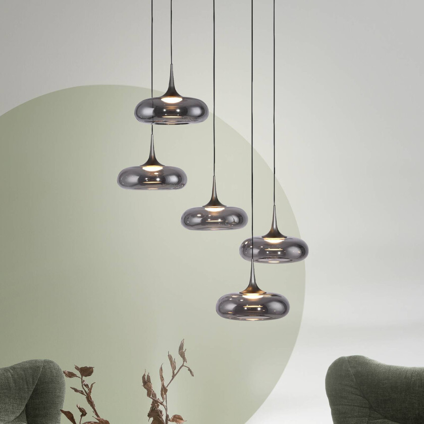 SCHÖNER WOHNEN LED-hengelampe Posh 5 lyskilder, røkt glass, 3.000 K