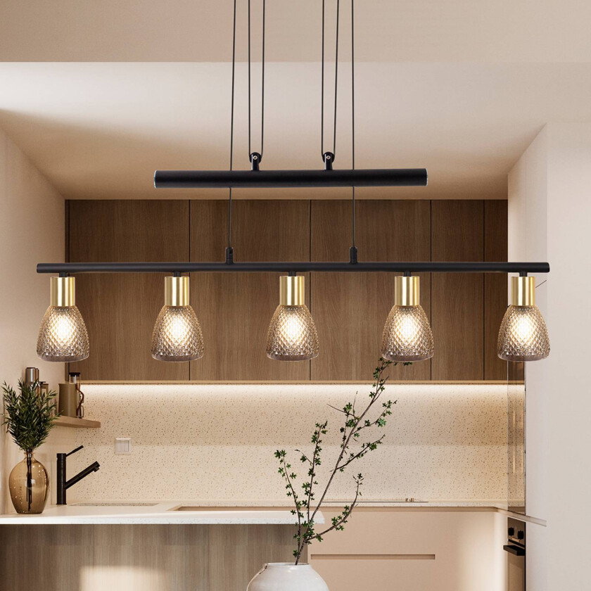 Hengelampe Lindita, 5 lyskilder, glass, røykgrå, E14, justerbar