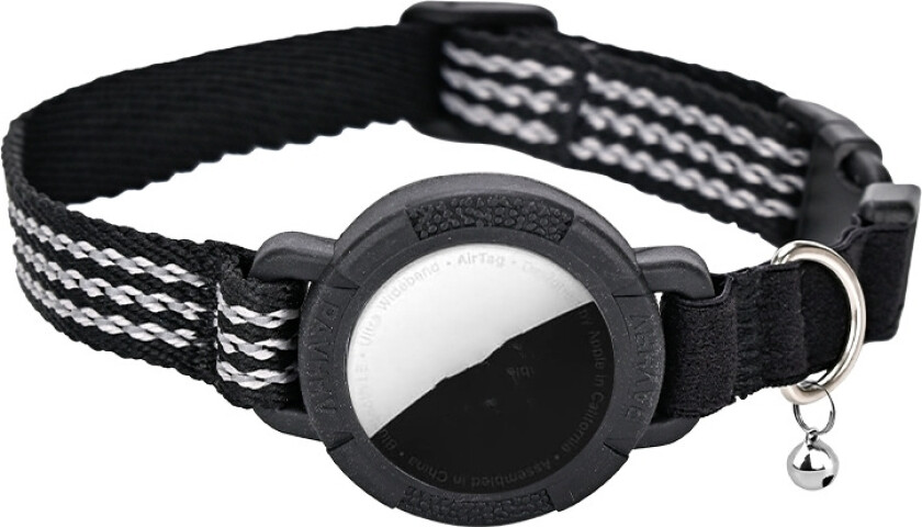 AirTag kompatibelt svart nylon kjæledyr halsbånd med refleks for katter, XS og S størrelser, sporingshalsbånd for kjæledyr
