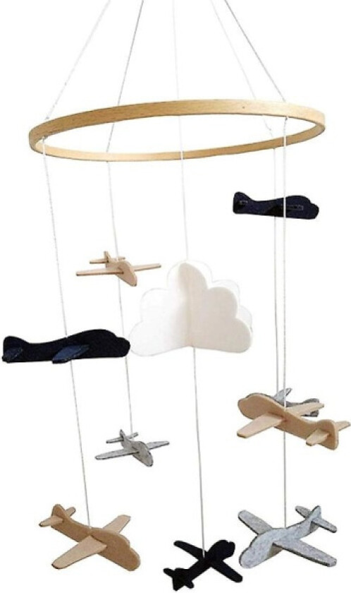 Bilde av Barneseng uro fly og skyer barneromsdekorasjon grå og hvit, marineblå, baby seng uro for