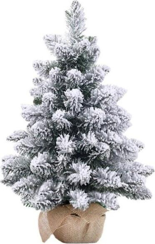 Bilde av Ferdigpyntet kunstig mini-juletre med LED-lys, 50 cm snødekt furu juletre, bordplate juletre med jutebase